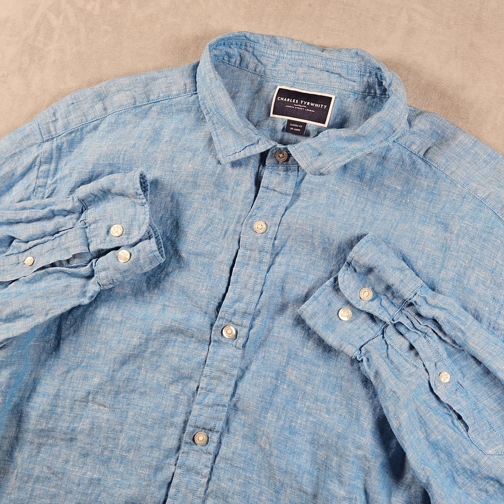 Charles Tyrwhitt 100% Linen Shirt Mens XXL Blue Classic Fit Button Up Office